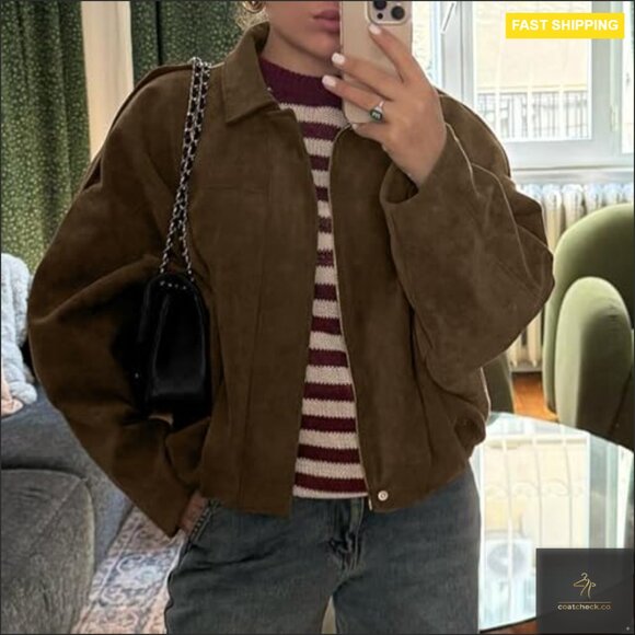 Oversized Faux Suede Bomber Jacket Long Sleeve Zipper Casual Outerwear - Picture 4 of 7